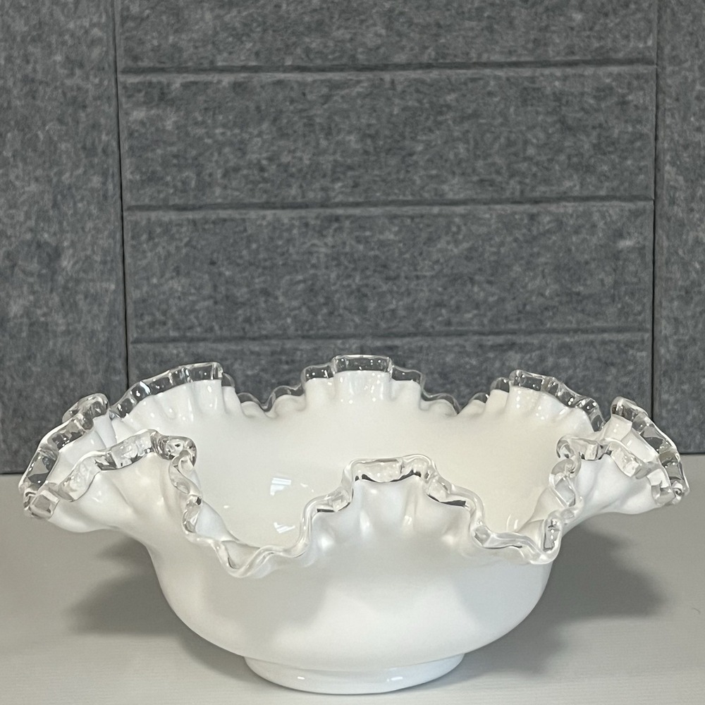 Vintage Fenton White Milk Glass Silver Crest Large Ruffled Bowl Clear Edge